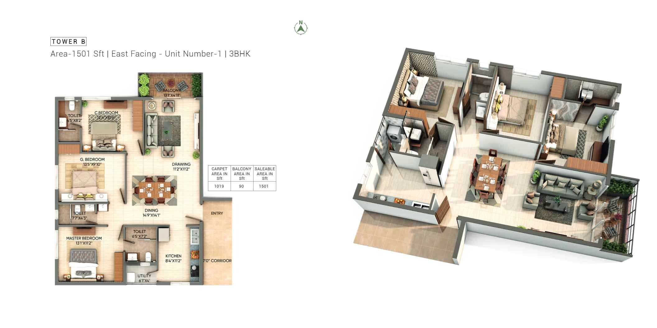 3 BHK 1501 Sq. Ft. Apartment