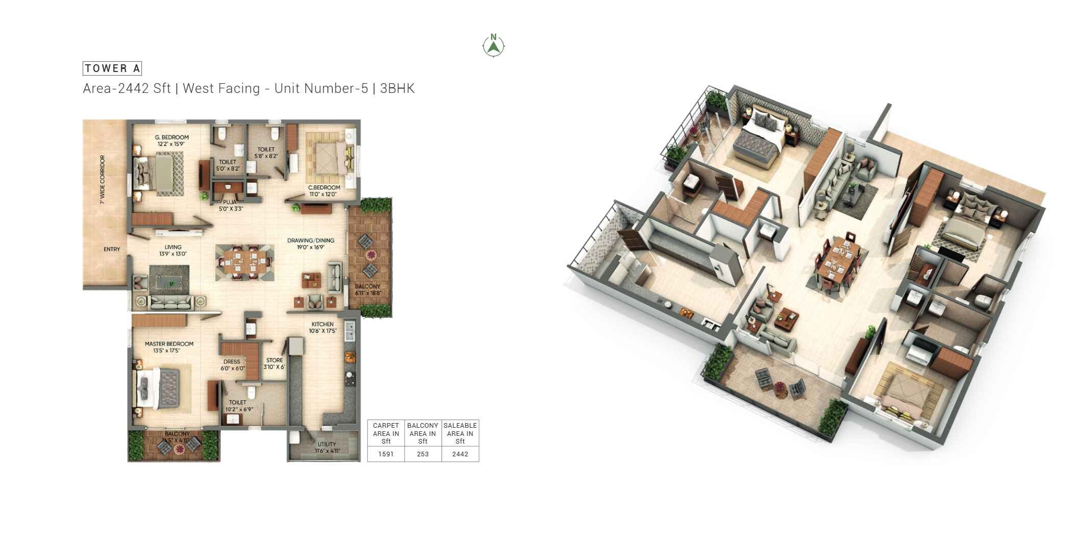 Floor plan of 3 BHK Apartment - 2442 sq. ft. in Northstar Park Avenue, Vizag