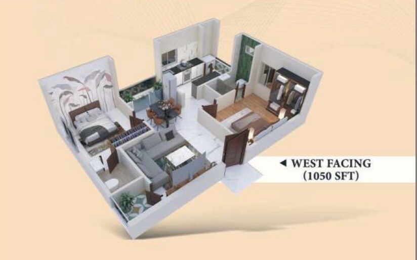Floor plan of 2 BHK 1050 Sq. Ft. Apartment in Om Jss Sai Residency, Vizag