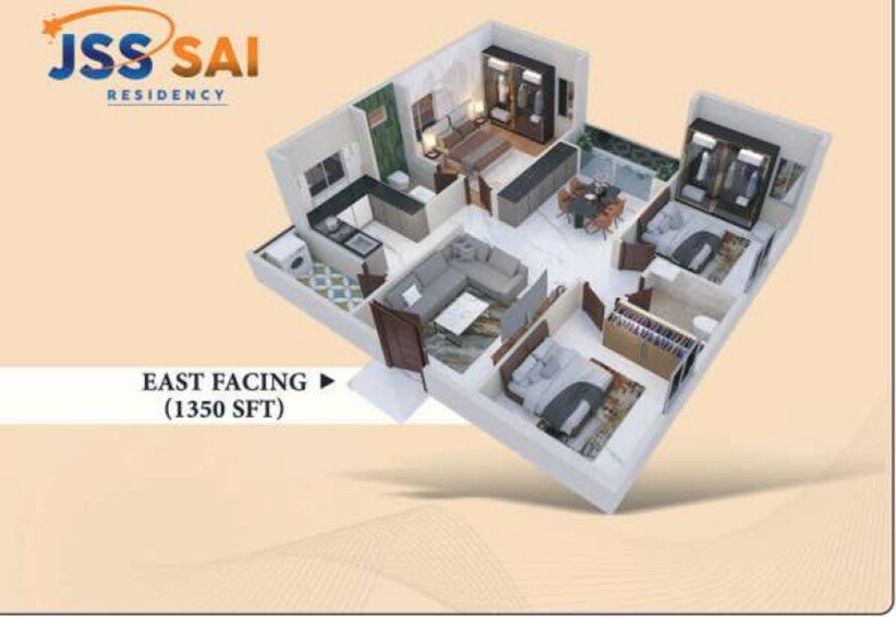 Floor plan of 3 BHK 1350 Sq. Ft. Apartment in Om Jss Sai Residency, Vizag