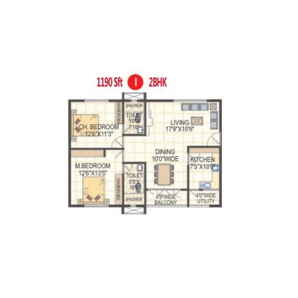 Floor plan of 2 BHK 1190 Sq. Ft. Apartment in Omcon Reign Forest, Vizag