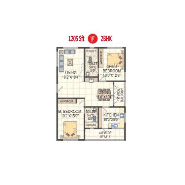 Floor plan of 2 BHK 1205 Sq. Ft. Apartment in Omcon Reign Forest, Vizag