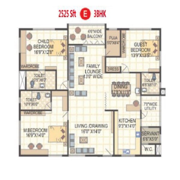 Floor plan of 3 BHK 2525 Sq. Ft. Apartment in Omcon Reign Forest, Vizag