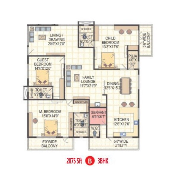 Floor plan of 3 BHK 2875 Sq. Ft. Apartment in Omcon Reign Forest, Vizag