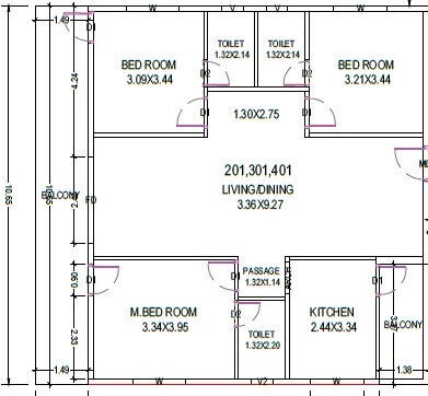 Floor plan of 3 BHK 1589 Sq. Ft. Apartment in Padma Pujitha Lotus, Vizag