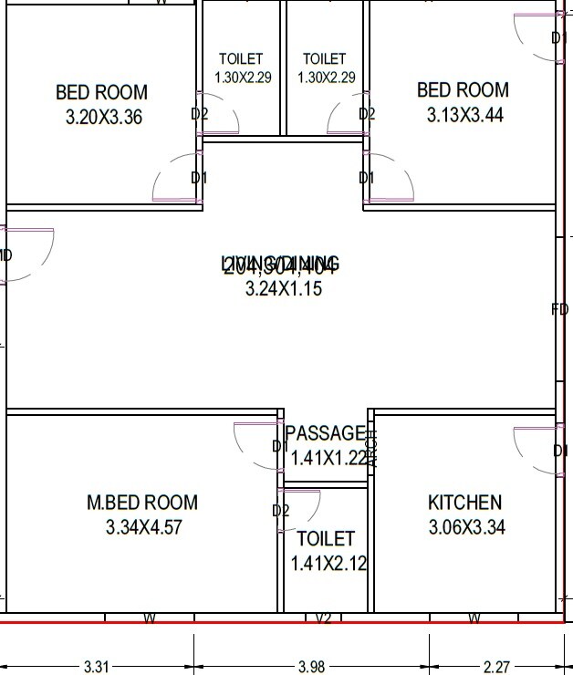 Floor plan of 3 BHK 1662 Sq. Ft. Apartment in Padma Pujitha Lotus, Vizag