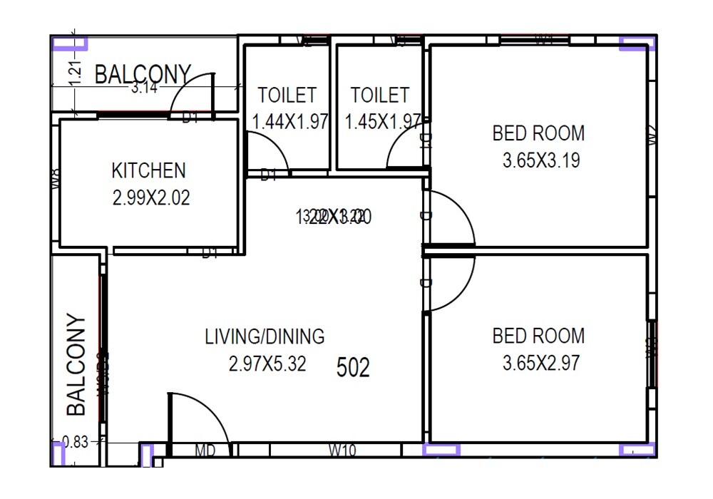 Floor plan of 2 BHK 1010 Sq. Ft. Apartment in PBR Vaibhav Paradise, Vizag