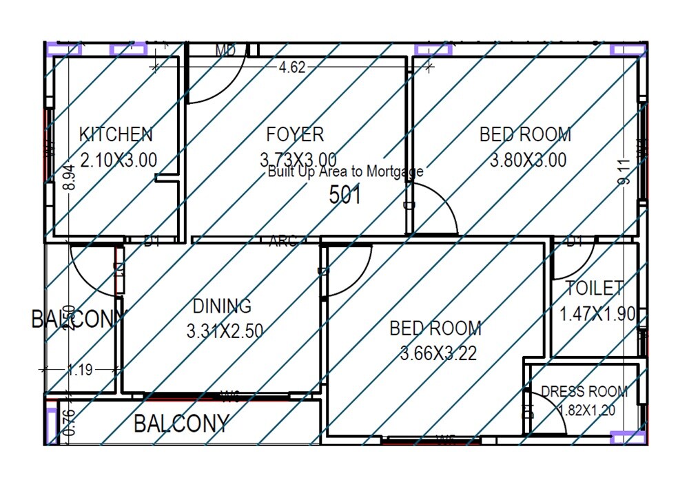 Floor plan of 2 BHK 1020 Sq. Ft. Apartment in PBR Vaibhav Paradise, Vizag