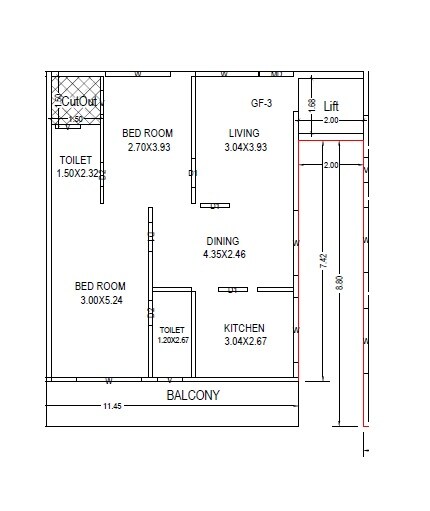Floor plan of 2 BHK Apartment - 721 sq. ft. in Pears Elite, Vizag