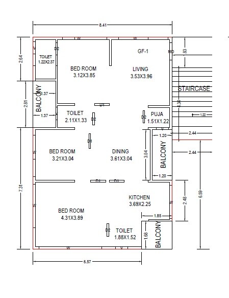 Floor plan of 3 BHK Apartment - 964 sq. ft. in Pears Elite, Vizag
