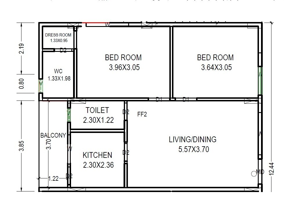 Floor plan of 2 BHK 826 Sq. Ft. Apartment in PNR Peketi Enclave, Vizag
