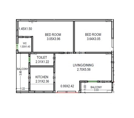 Floor plan of 2 BHK 936 Sq. Ft. Apartment in PNR Peketi Enclave, Vizag