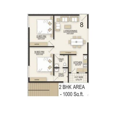 Floor plan of 2 BHK 1000 Sq. Ft. Apartment in Potluri Orchid Homes, Vizag