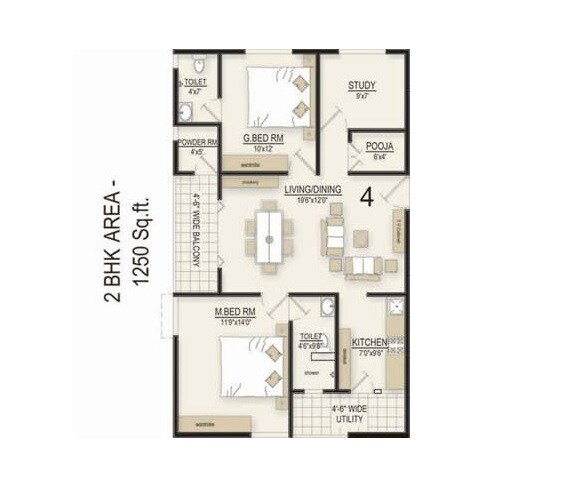 Floor plan of 2 BHK 1250 Sq. Ft. Apartment in Potluri Orchid Homes, Vizag