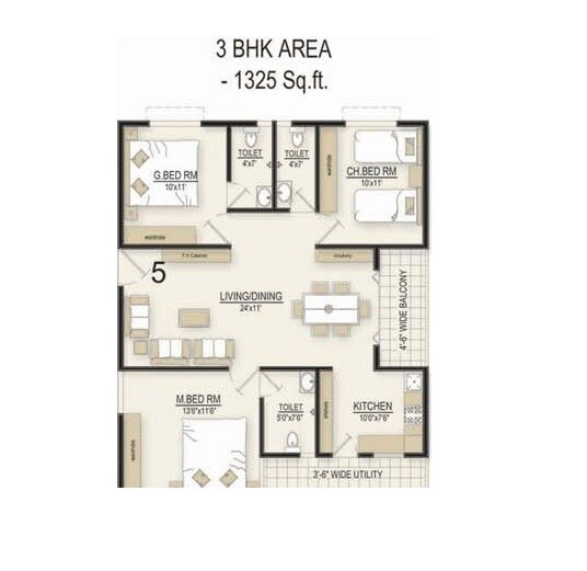 Floor plan of 3 BHK 1325 Sq. Ft. Apartment in Potluri Orchid Homes, Vizag