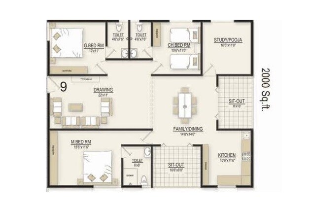 Floor plan of 3 BHK 2000 Sq. Ft. Apartment in Potluri Orchid Homes, Vizag