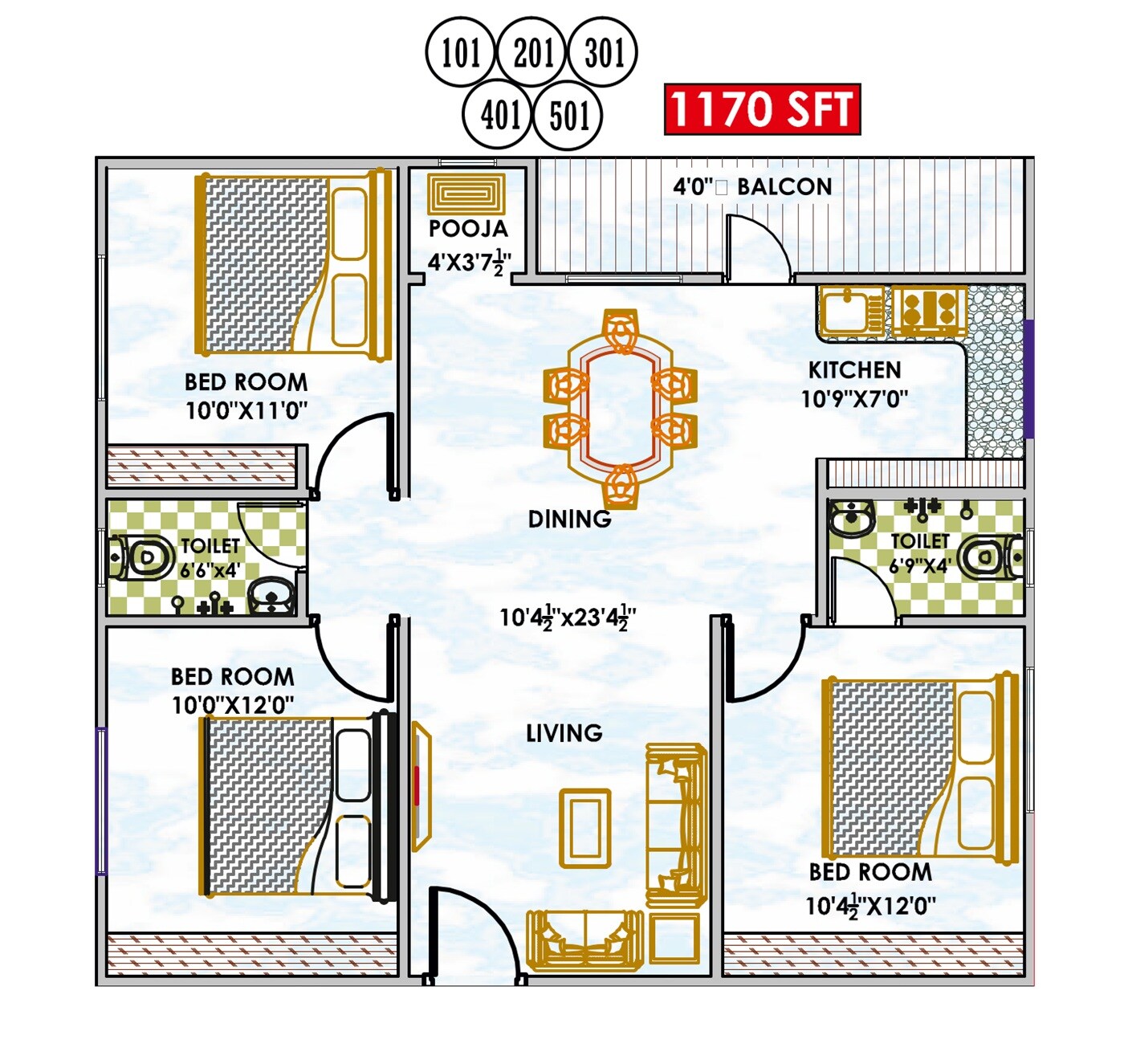 Floor plan of 3 BHK 1170 Sq. Ft. Apartment in Prakruti DJ Brindavanam, Vizag