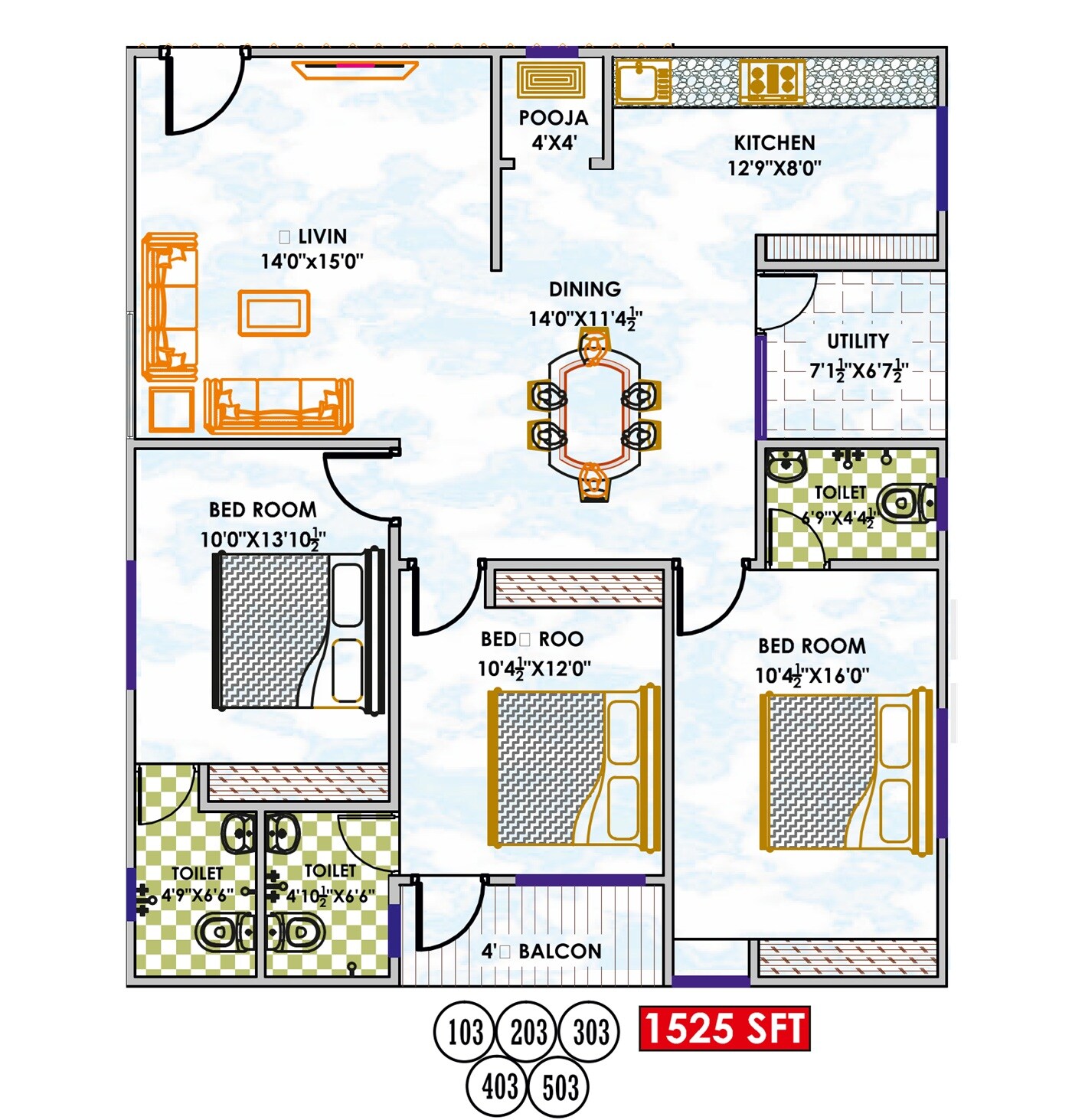 Floor plan of 3 BHK 1525 Sq. Ft. Apartment in Prakruti DJ Brindavanam, Vizag