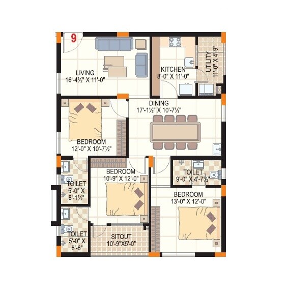 Floor plan of 3 BHK 1559 Sq. Ft. Apartment in Pratima Royal Palace, Vizag