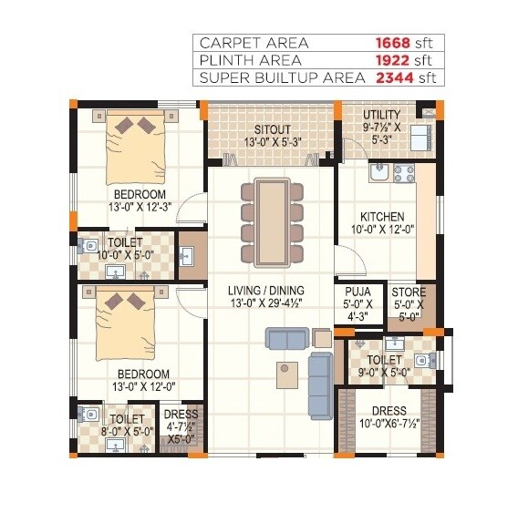 Floor plan of 3 BHK 2344 Sq. Ft. Apartment in Pratima Royal Palace, Vizag