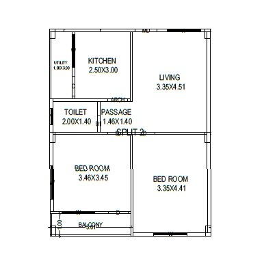 Floor plan of 2 BHK 523 Sq. Ft. Apartment in R And D Sree Surya Residency, Vizag