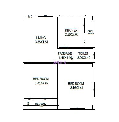 Floor plan of 2 BHK 538 Sq. Ft. Apartment in R And D Sree Surya Residency, Vizag