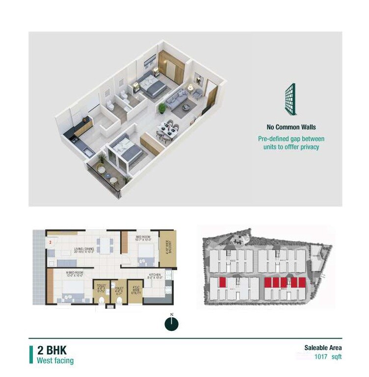 Floor plan of 2 BHK Apartment - 1017 sq. ft. in Raja The Reef, Vizag