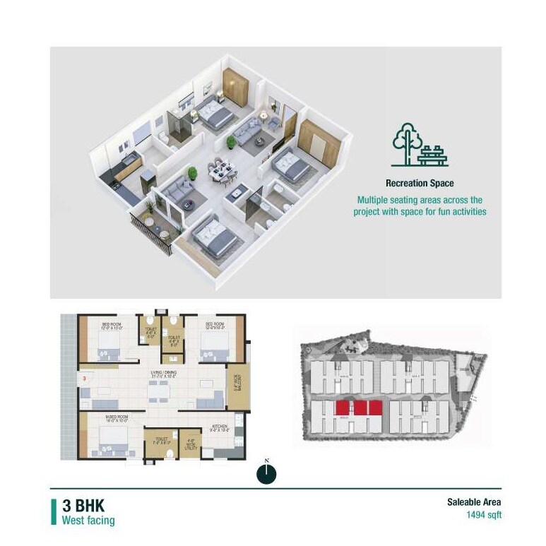 Floor plan of 3 BHK Apartment - 1494 sq. ft. in Raja The Reef, Vizag