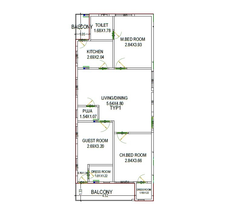 Floor plan of 3 BHK Apartment - 729 sq. ft. in Rajeswari Neptune Living, Vizag