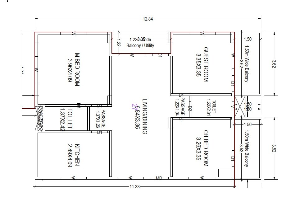 Floor plan of 3 BHK 1445 Sq. Ft. Apartment in Rajya Lakshmi Classic Towers, Vizag
