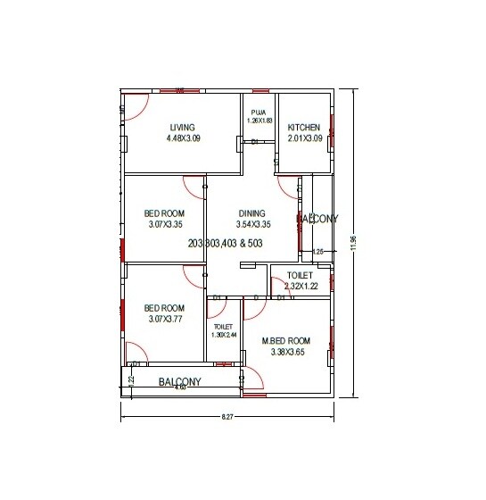Floor plan of 3 BHK Apartment - 878 sq. ft. in Rise Imperial, Vizag