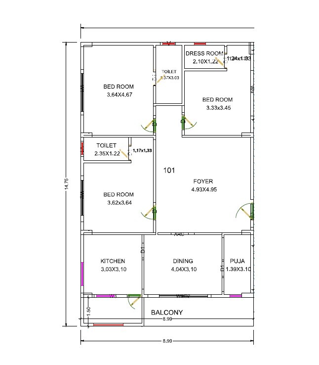 Floor plan of 3 BHK 2000 Sq. Ft. Apartment in Rise Panama, Vizag