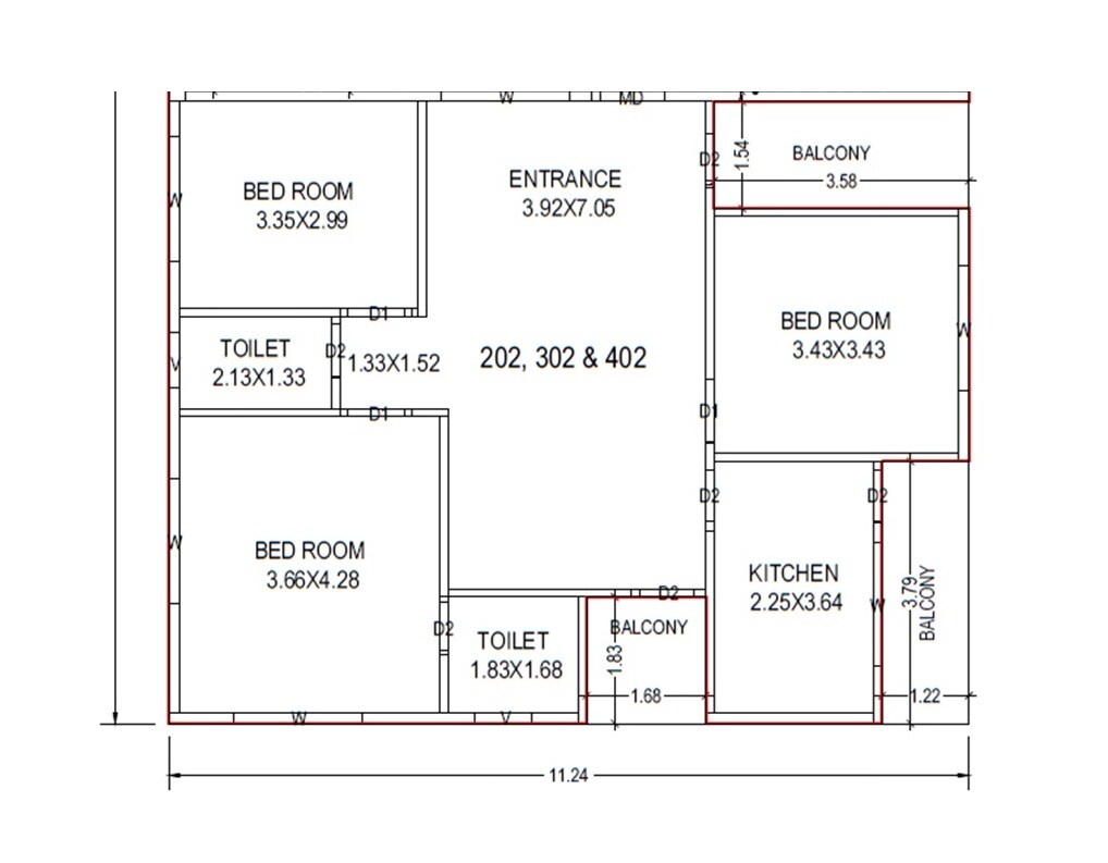 Floor plan of 3 BHK 1680 Sq. Ft. Apartment in RK Annapurna Skyline, Vizag