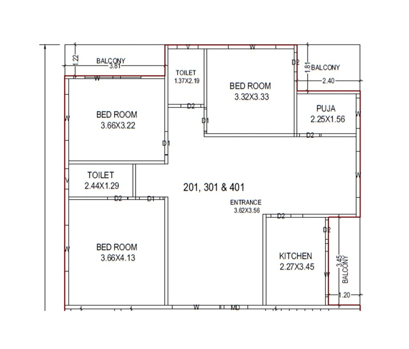 Floor plan of 3 BHK 1765 Sq. Ft. Apartment in RK Annapurna Skyline, Vizag