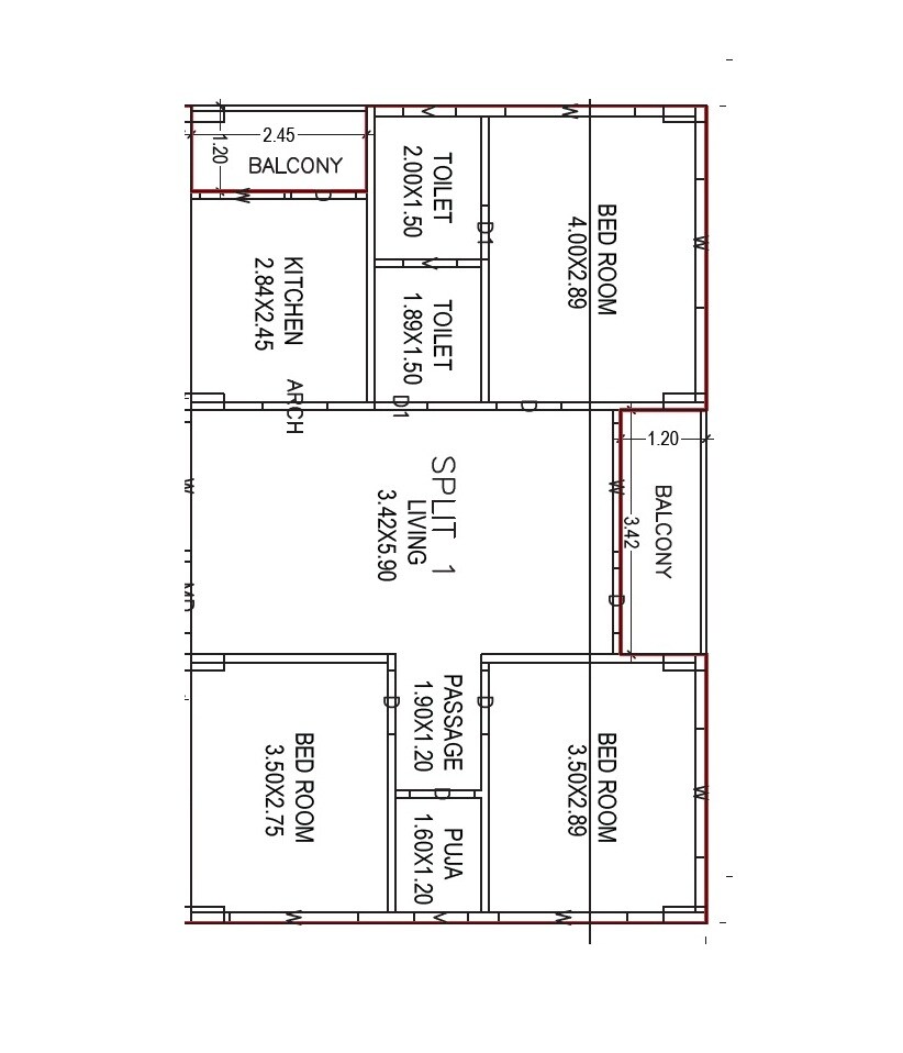Floor plan of 3 BHK 1455 Sq. Ft. Apartment in RK Mayooram, Vizag