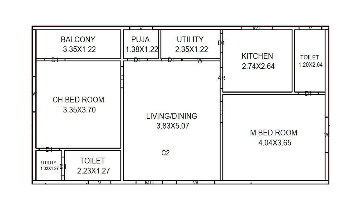 Floor plan of 2 BHK 1130 Sq. Ft. Apartment in RKK Vijaya Homes, Vizag