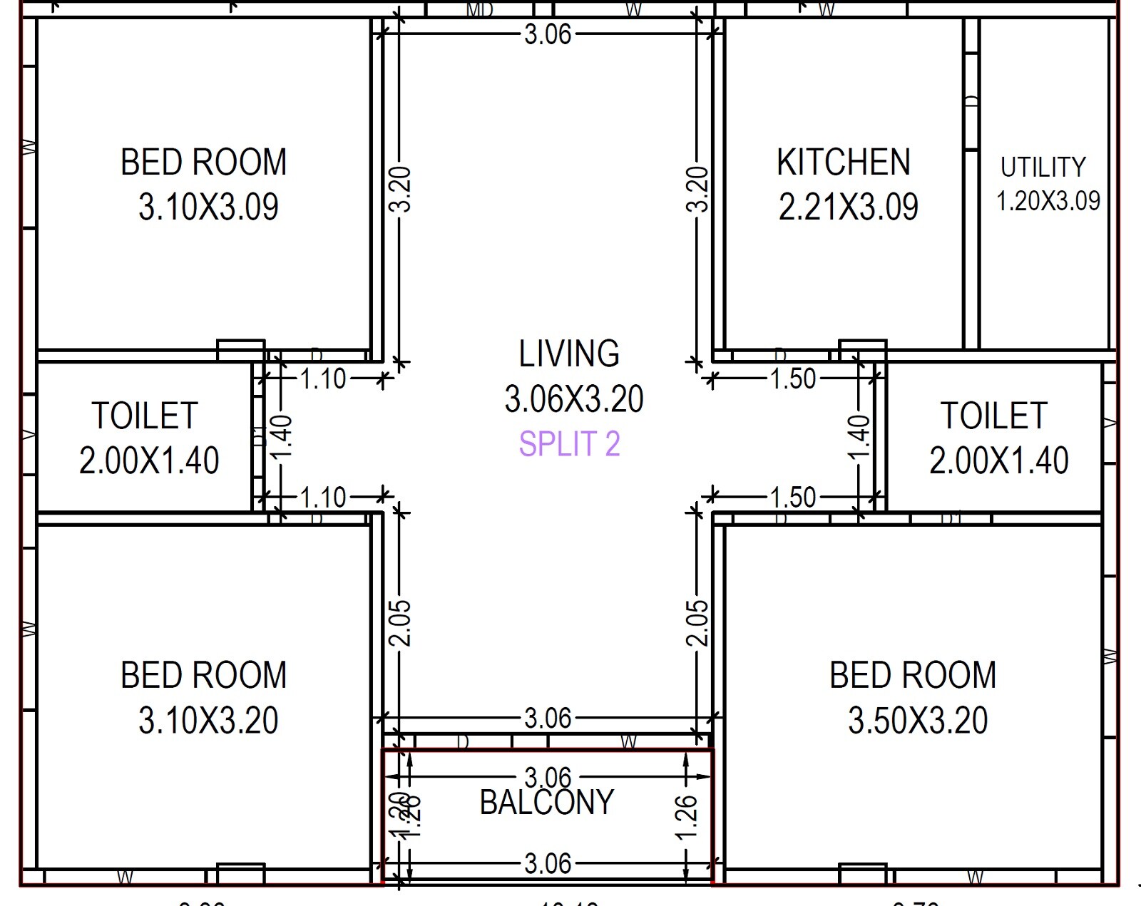 Floor plan of 3 BHK 1092 Sq. Ft. Apartment in Sai Ganapathi Enclave, Vizag
