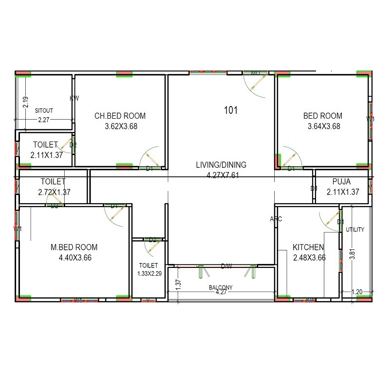Floor plan of 3 BHK 1900 Sq. Ft. Apartment in Sai Siva Shakti Enclave, Vizag