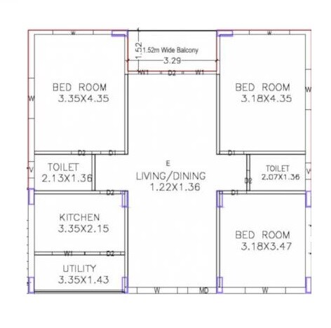 Floor plan of 3 BHK 1525 Sq. Ft. Apartment in Sai Sree S Murali Madhuram, Vizag