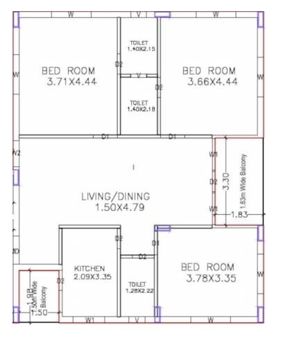 Floor plan of 3 BHK 1652 Sq. Ft. Apartment in Sai Sree S Murali Madhuram, Vizag