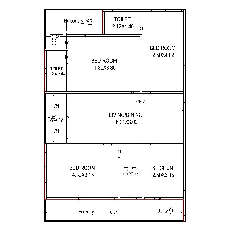 Floor plan of 3 BHK Apartment - 858 sq. ft. in Sai Sri Prasanthi Residency, Vizag