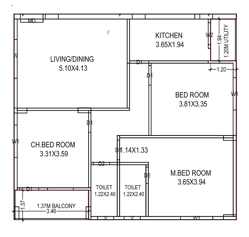 Floor plan of 3 BHK 1479 Sq. Ft. Apartment in Samryddhi Nilayam, Vizag