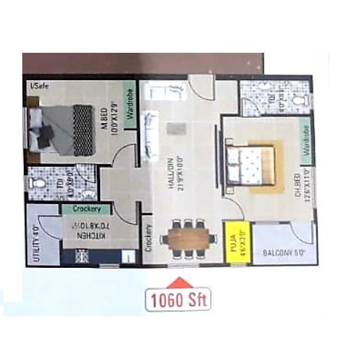 Floor plan of 2 BHK 1060 Sq. Ft. Apartment in Sanjay Padmaja Arcade, Vizag