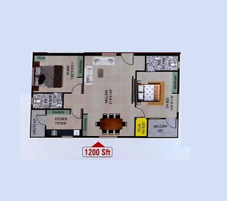 Floor plan of 2 BHK 1200 Sq. Ft. Apartment in Sanjay Padmaja Arcade, Vizag
