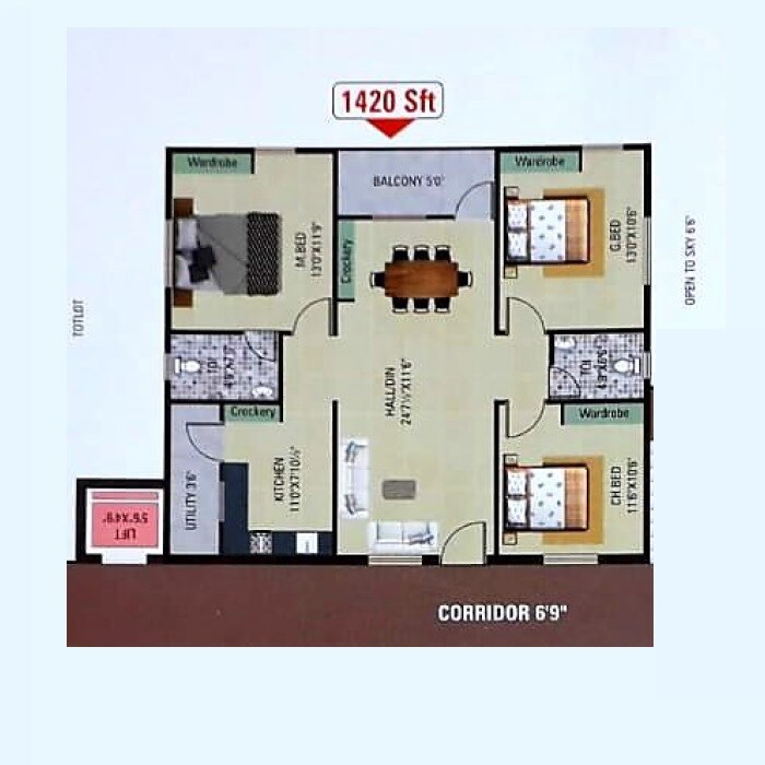 Floor plan of 3 BHK 1420 Sq. Ft. Apartment in Sanjay Padmaja Arcade, Vizag