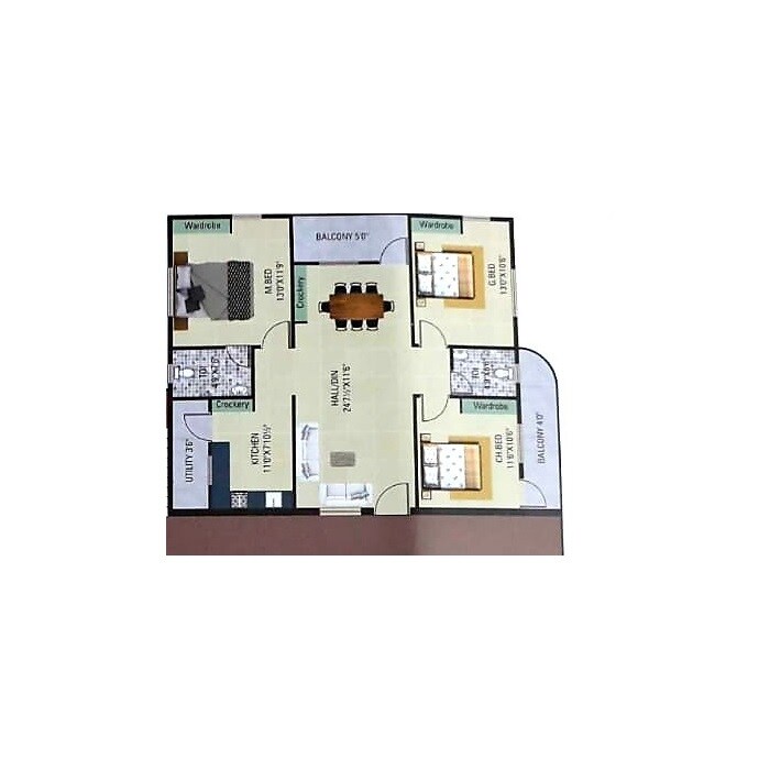 Floor plan of 3 BHK 1480 Sq. Ft. Apartment in Sanjay Padmaja Arcade, Vizag