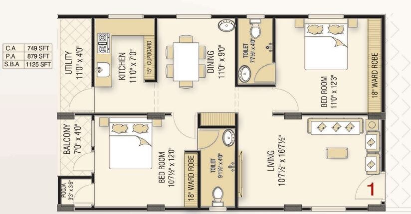 Floor plan of 2 BHK 749 Sq. Ft. Apartment in Sardar Nest Sapphire And Square, Vizag