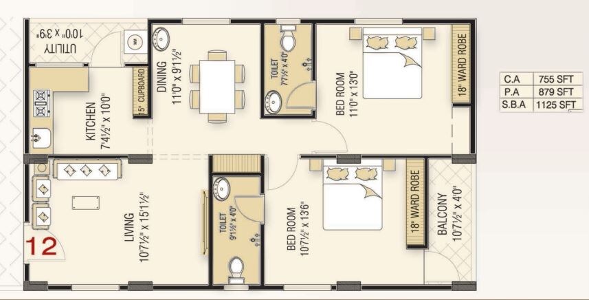 Floor plan of 2 BHK 755 Sq. Ft. Apartment in Sardar Nest Sapphire And Square, Vizag