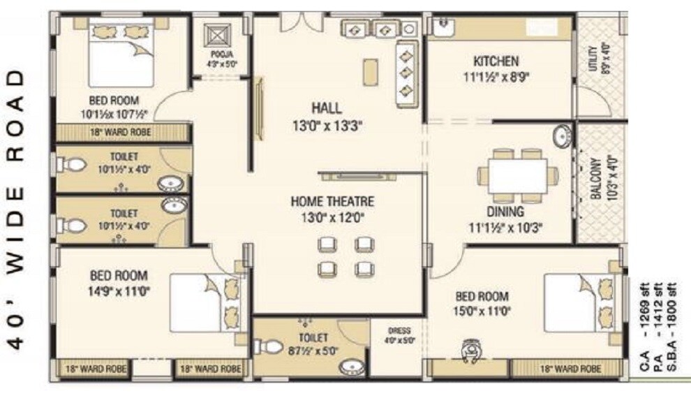 Floor plan of 3 BHK 1270 Sq. Ft. Apartment in Sardar Nest Sapphire And Square, Vizag