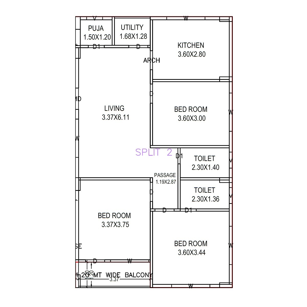 Floor plan of 3 BHK 1330 Sq. Ft. Apartment in Shanvi Gold, Vizag